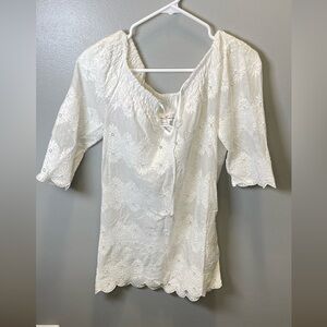 Vineyard Vines White Eyelet Blouse Women's Half‎ Sleeve Scalloped Top Size XS